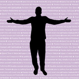 Fototapeta Koty - Man silhouette enjoying life on a background with phrases that contain methods of raising vibration