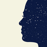 Fototapeta Koty - Profile of a woman with face and hair full of stars