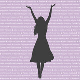 Fototapeta Koty - Woman silhouette enjoying life on a background with phrases that contain methods of raising vibration