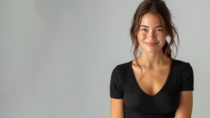 Sticker - Caucasian woman wearing black ribbed V-Neck Body smiling isolated on gray