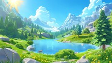 Modern Cartoon Illustration Of A Summer Valley With A Lake And Forest Of Fir Trees. Beautiful Spring Landscape With Blue Water In A Mountain River, Green Grass And Bushes On Hills, And Bright Blue