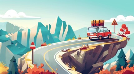 Wall Mural - Cartoon summer sunny landscape with red vehicle driving down serpentine highway in hills with sign on roadside with baggage on roof.