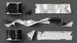 A set of adhesive tape pieces isolated on a black background. Modern illustration of crumpled plastic sticky tape, sellotape packaging pieces with uneven torn edges.