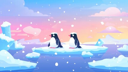 Wall Mural - An arctic landscape with penguins perched on ice floes floating on cold water surface, with snow falling from blue and pink skies. Modern illustration of antarctic birds.