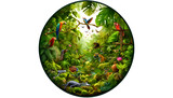 Fototapeta  - This circular frame showcases a richly detailed rainforest scene, featuring vibrant birds and lush greenery, celebrating the vitality of natural habitats. International Day for Biological Diversity
