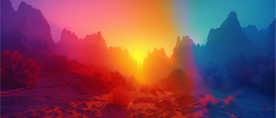 Sticker - Nature's Colorful Transition: From sunrise to sunset, the sky paints a breathtaking landscape, blending vibrant hues of orange, red, and yellow against the serene backdrop of mountains and forests