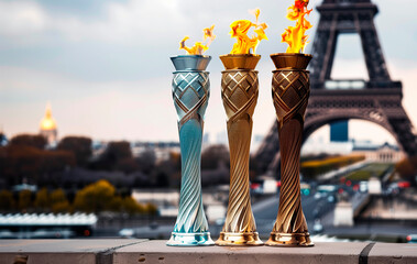 commencement torch gold silver bronze, eiffel tower background