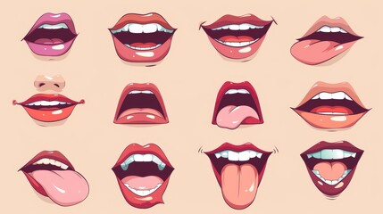 Wall Mural - Mouth animation kit for woman. Cartoon modern illustration set of young female character face with various positions of lips and tongue when speaking and pronouncing the English alphabet.