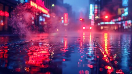 Wall Mural - Rain drops on the asphalt road in the city at night. Abstract background bokeh effect.