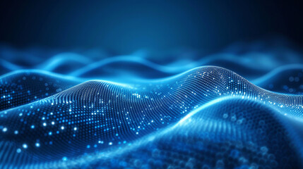 Wall Mural - blue technology waves with glowing dots on dark background