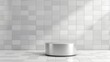 Ceramic cylinder platform in the interior of a toilet room or realistic countertop on the background of a tile background. 3D white shelf or table scene for displaying products on the ceramic
