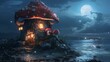 A cartoon fantasy mushroom house of an elf on the seashore under moonlight. A tiny gnome house made out of fungus, with lights in the windows.