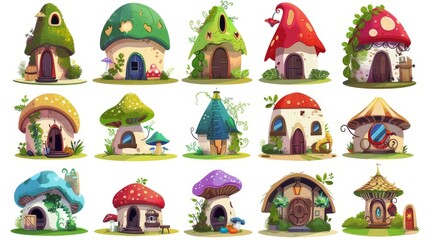 Wall Mural - Fantasy fairytale mushroom gnome or elf house modern set. Fairytale forest house for magic dwarf or hobbit with window and porch. Illustration of vegetable village cottage.