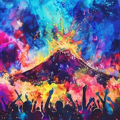 Naklejka na meble Volcano concert, harmony of musical notes and neon lights, vibrant crowd, explosive backdrop, dusk setting, wide lens, festival vibe, watercolor, hand drawing, vibrant
