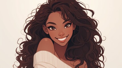 Wall Mural - An exquisite young black woman radiates joy with her dazzling white smile embodying the essence of beauty for a salon hairdressing or cosmetic shop Her striking features include long lusciou