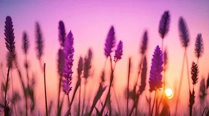 Wall Mural - Little grass stem close-up with sunset over calm sea sun going down over horizon Pink purple pastel watercolor soft tones