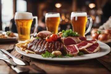 Wall Mural - 'food restaurant meat shes beer table eatery steak duck leg dish plate delicious eating fresh tasty nourishment meal pub wooden cafes indoor high'