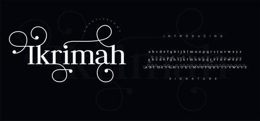 Wall Mural - Ikrimah Elegant alphabet letters font and number. Classic Lettering Minimal Fashion Designs. Typography modern serif fonts regular decorative vintage concept. vector illustration