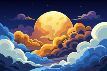 Illustration of a large yellow full the moon rising behind colorful stylized clouds in a starry night sky