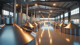 Fototapeta  - Brewery or alcohol production factory. Large steel fermentation tanks in spacious hall