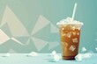 A flat illustration plastic to go iced coffee cup with white straw on blue background