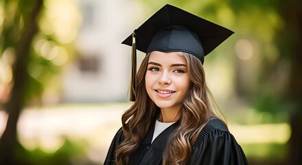 Wall Mural - close-up portrait of a young woman in a graduation cap and gown, smiling with flowing hair, symbolizes academic success, achievement, and happy occasions.