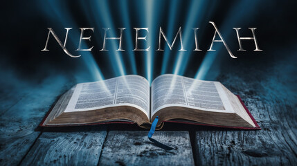 Wall Mural - The book of Nehemiah. Open bible with blue glowing rays of light. On a wood surface and dark background. Related to this book: Rebuilding, Leadership, Restoration, Jerusalem, Wall, Exile, Faithfulness