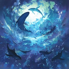 Wall Mural - An enchanting underwater scene featuring a humpback whale swimming alongside dolphins in an azure seascape. The whales' graceful movement captures the essence of marine life.