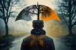 A person under an umbrella with a reflective autumn tree design, evoking a mood suitable for creative or introspective themes.