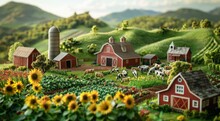A Detailed Model Of An Idyllic Farm With Red Barns, Cows Grazing In The Fields And Sunflowers Growing Nearby. The Scene Is Set Against Rolling Green Hills Under A Clear Sky. 