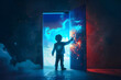 A young child stands before an open door leading to a vibrant, surreal world, evoking concepts of autism awareness and imagination.