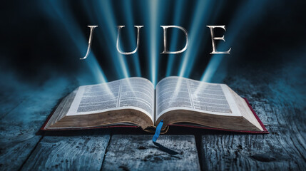 Wall Mural - The book of Jude. Open bible with blue glowing rays of light. On a wood surface and dark background. Related to this book: Warning, Apostasy, False Teachers, Judgment, Faith, Contend, Grace, Truth