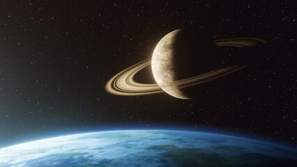 Wall Mural - view of a ringed planet orbiting in space above the horizon of a blue planet seen in the foreground.