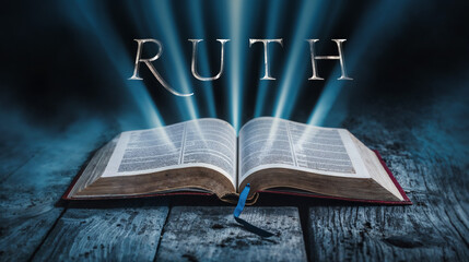 Wall Mural - The book of Ruth. Open bible with blue glowing rays of light. On a wood surface and dark background. Related to this book: Loyalty, Faithfulness, Redemption, Family, Moabite, Naomi, Boaz, Harvest