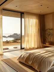 Canvas Print - Modern Bedroom Interior with Seaside View at Sunset