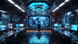 Futuristic cybersecurity office and workspace for professionals. High end technology realistic illustration.