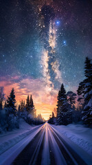 Wall Mural - Road leading towards colorful sunrise between snow covered trees with epic milky way on the sky