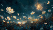 Velvet Night Glow: Crescent Moon Shines on Flowers and Butterflies in Oil
