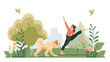 Woman doing yoga exercise with cute dog outdoors. 
