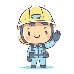 a guy wearing an overall and a security helmet, he's very happy and saying hi, character, illustration, kawaii сreated with Generative Ai