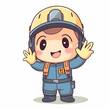 © Andrii Yablonskyi - a guy wearing an overall and a security helmet, he's very happy and saying hi, character, illustration, kawaii сreated with Generative Ai