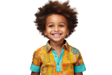 Wall Mural - Studio portrait of young African-American little boy with Afro hair, bright colorful shirt and happy smile isolated on transparent png background.