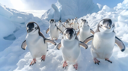 Wall Mural - A group of penguins on an icy Antarctic shore, using wide-angle and HDR to capture their vivid markings against the stark white ice