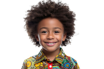 Studio portrait of young African-American little boy with Afro hair, bright colorful shirt and happy smile isolated on transparent png background.