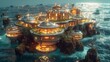 Futuristic orbital habitat settled on rocky islands surrounded by a stormy ocean