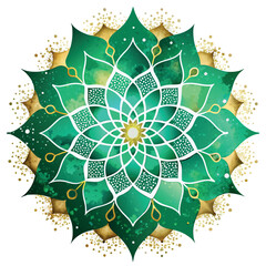 Sticker - A green mandala with gold accents. The flower is surrounded by a white background. The flower is a symbol of peace and harmony