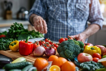 In a heartwarming scene, a senior man engages with a nutritionist in a close-up shot emphasizing their hands, focusing on the exchange of personalized nutrition advice