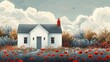 Charming cottage surrounded by vibrant red poppies and a whimsical cloudy sky