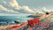 Vibrant coastal landscape with lush red poppies and dramatic cloudy skies