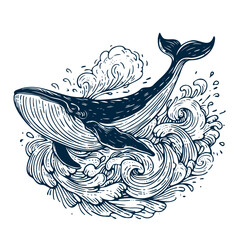 Wall Mural - whale is swimming in ocean with its tail flapping. water is choppy and whale is surrounded by waves